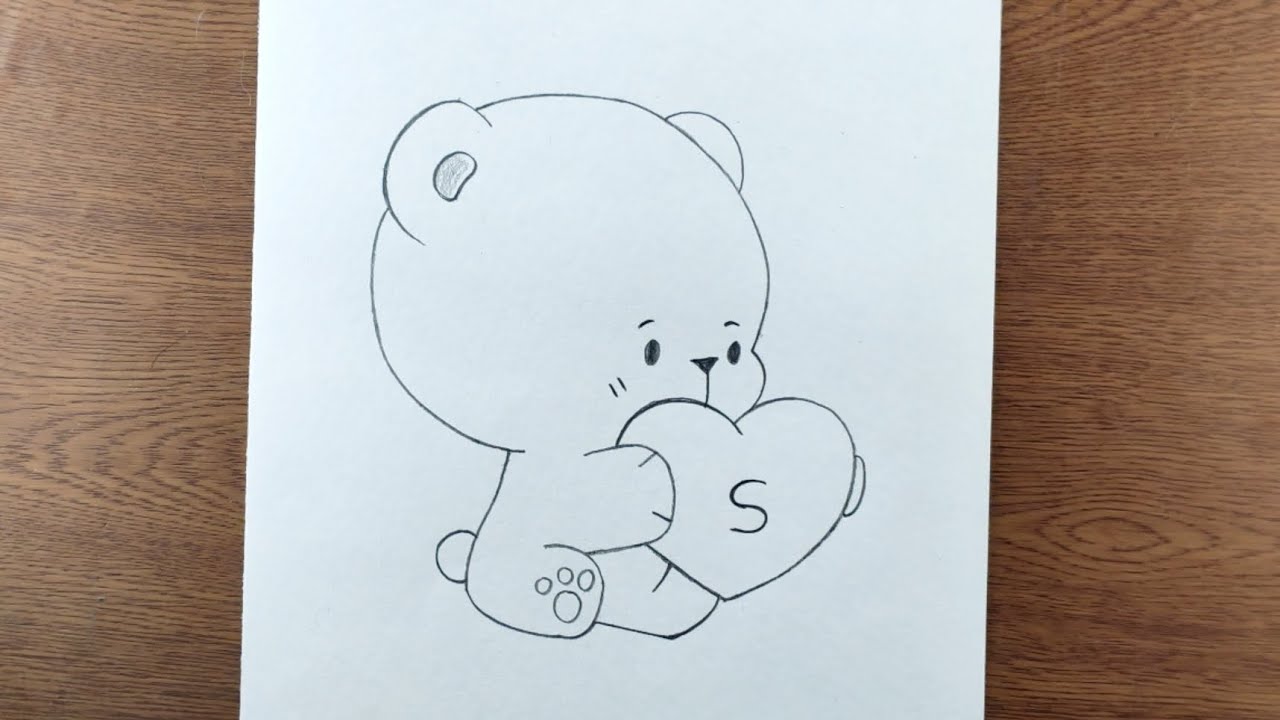 Cute teddy bear with love easy simple outline pencil drawing | cute animals art