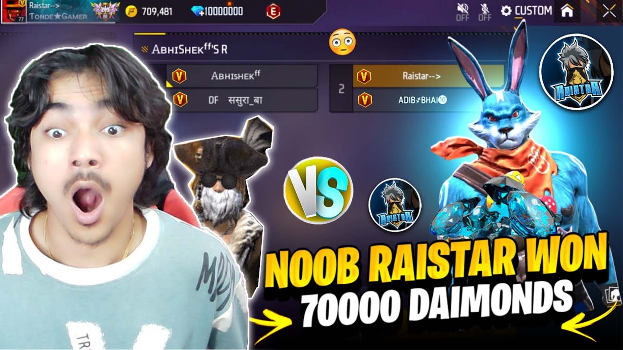 Noob Raistar Won 70000 Daimonds on live😱 1 vs 2 Custom room - Garena free fire