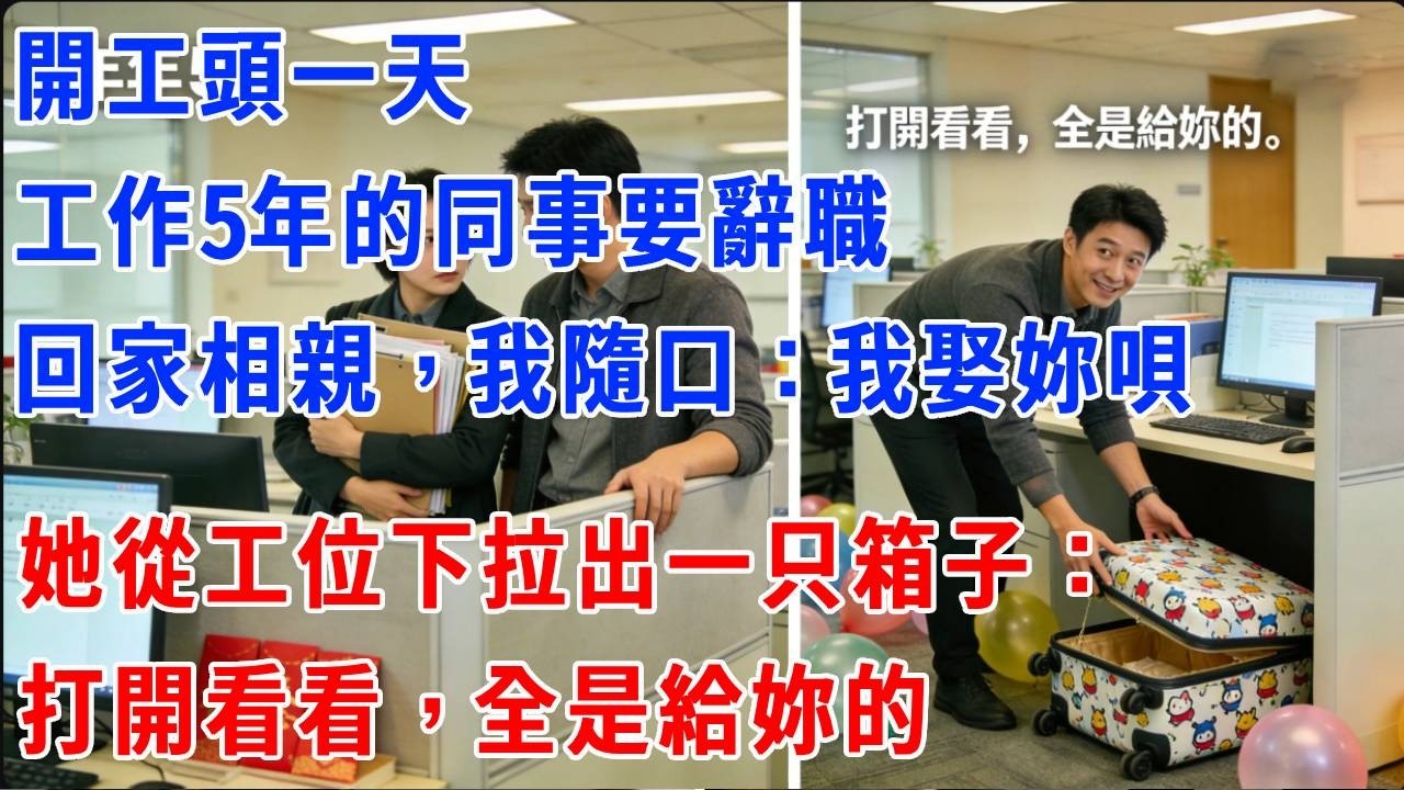 開工頭一天，工作5年的同事要辭職回家相親。我隨口：我娶妳唄，她從工位下拉出一只箱子：打開看看，全是給妳的。#正能量 #故事分享 #故事頻道 #生活經驗 #人生感悟 #打脸 #职场