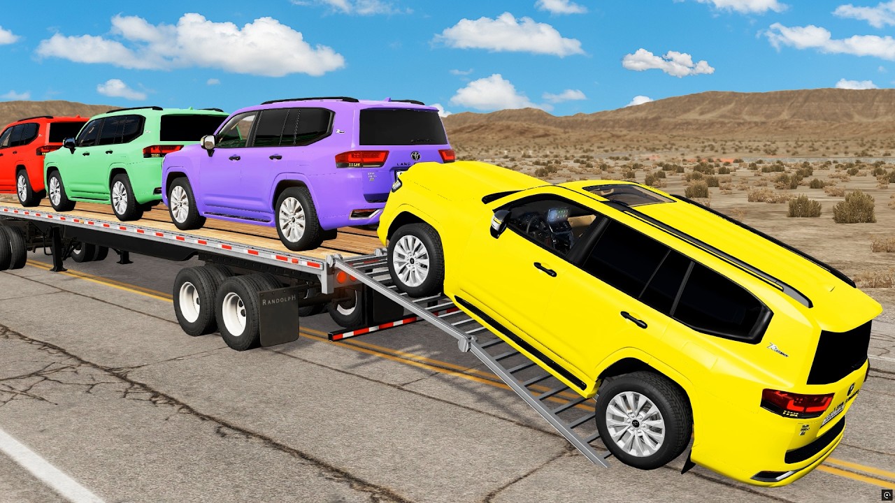 Triple Flatbed Trailer McQueen Transportation with Truck - Speedbumps vs Cars vs Train - BeamNG #01