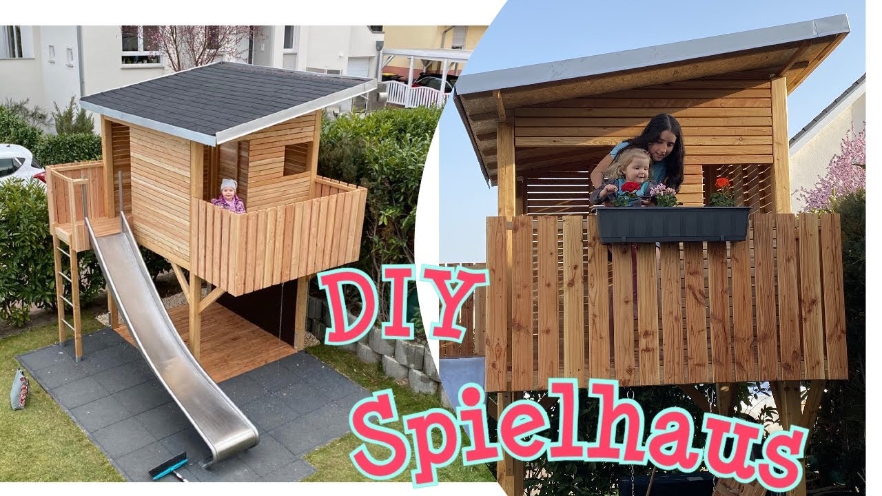 DIY Kinderspielhaus selber bauen Stelzenhaus mit Sandkasten Maltafel Schaukel #felderchallenge