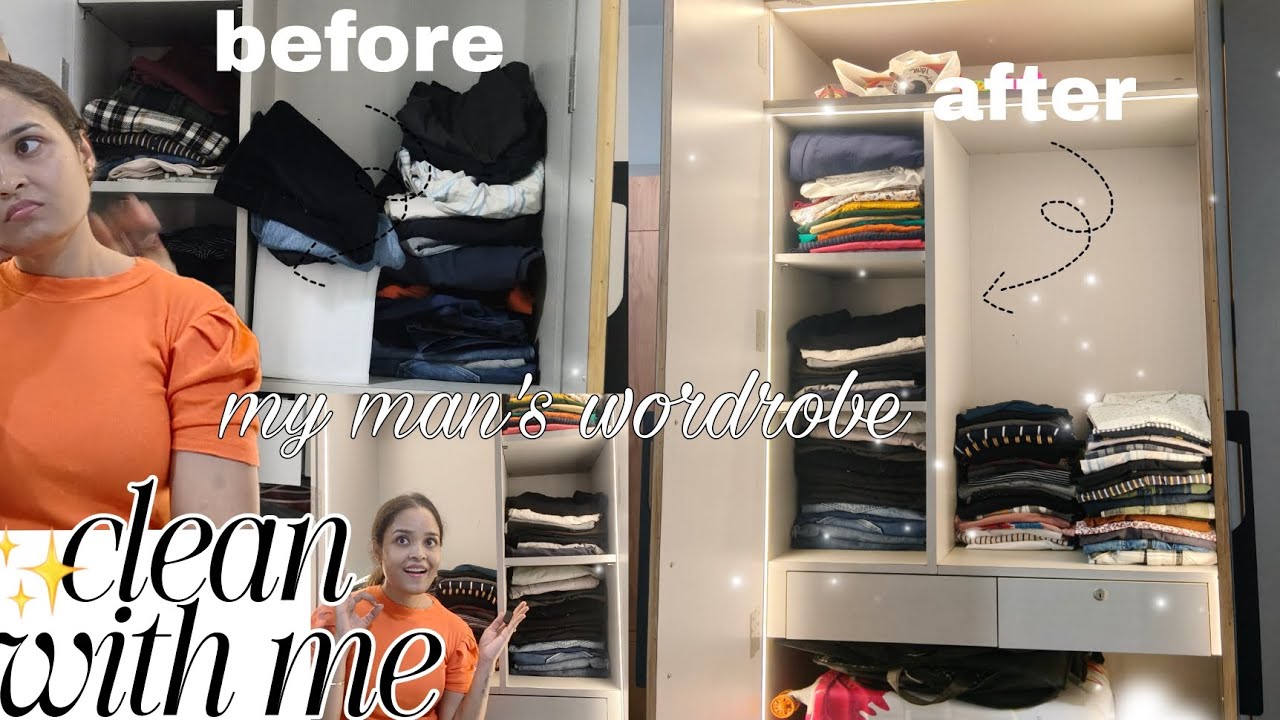 Clean 🫧 with me:-My man's🧔 wordrobe.|less clean more Chaos😅.