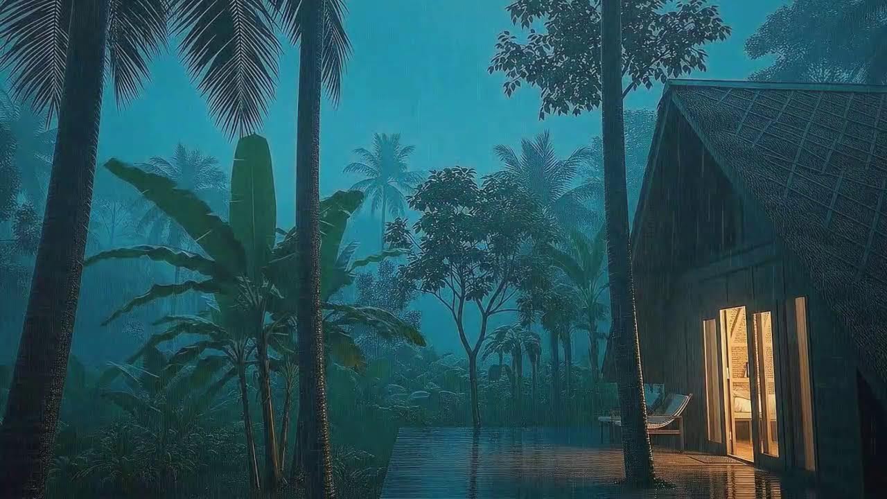 Instant Sleep with Warm Rain Sounds and Distant Thunder Echo at Forest Cabin Terrace 🌧️