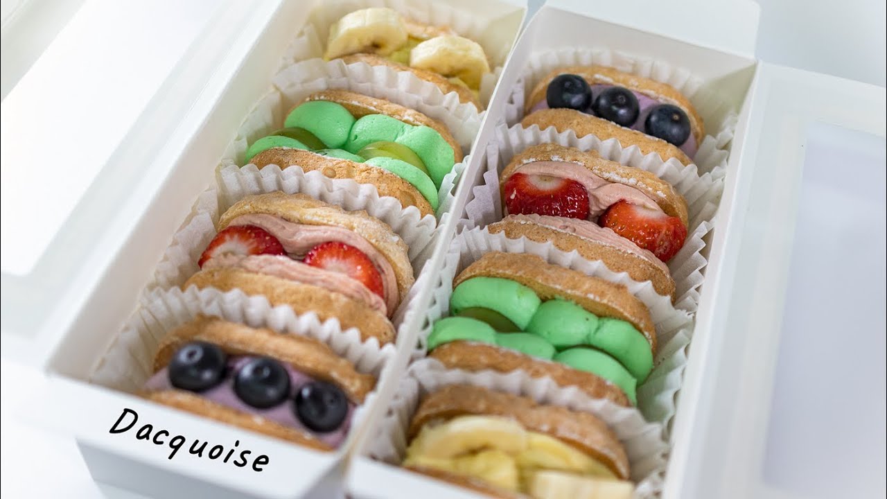 eng)👩‍🍳가장 완벽한 4종류 과일 다쿠아즈 만들기(크림치즈 필링)│Dacquoise recipe│딸기,블루베리,청포도,바나나│홈베이킹 브이로그