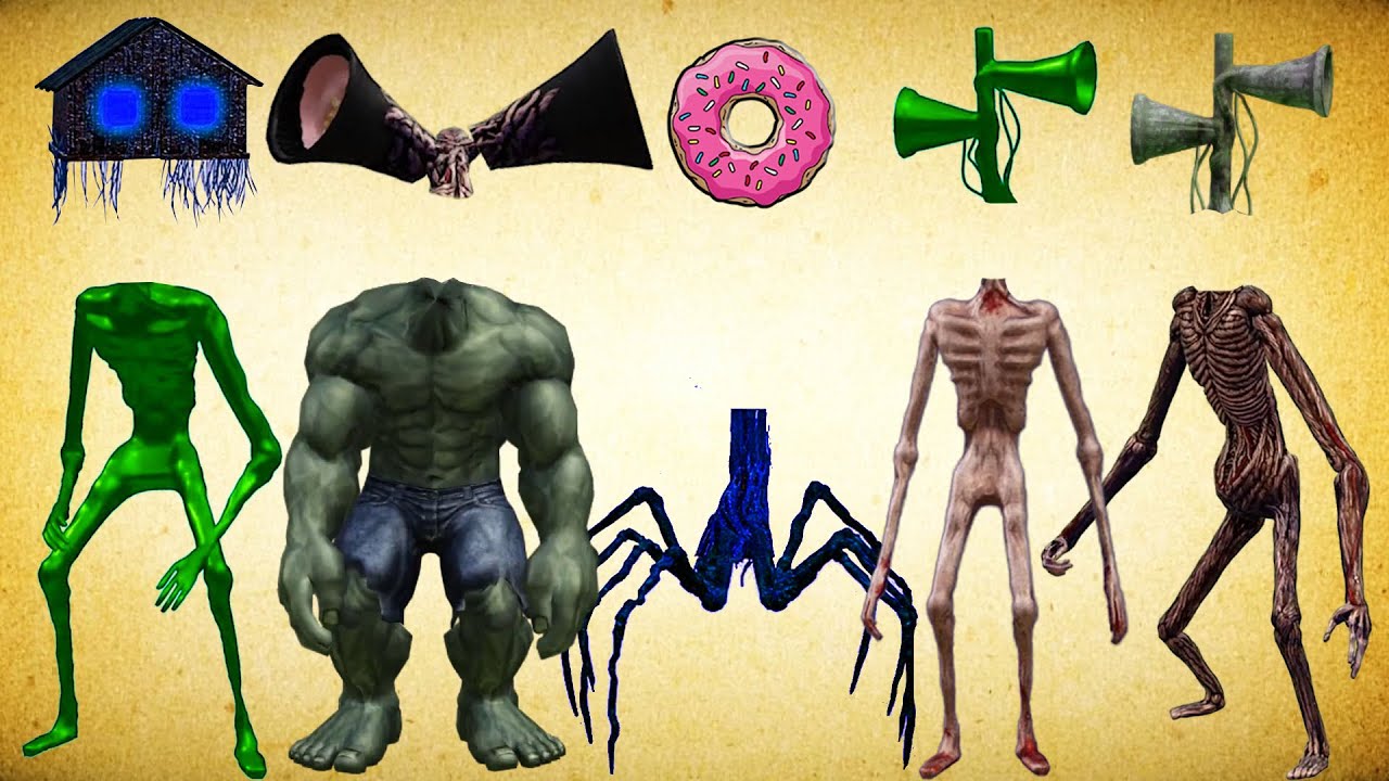 WRONG HEADS SIREN HEAD INDIAN, BLUE HOUSE HEAD, SIREN HEAD DONUT, GREEN SIREN HEAD, SIREN HEAD HULK