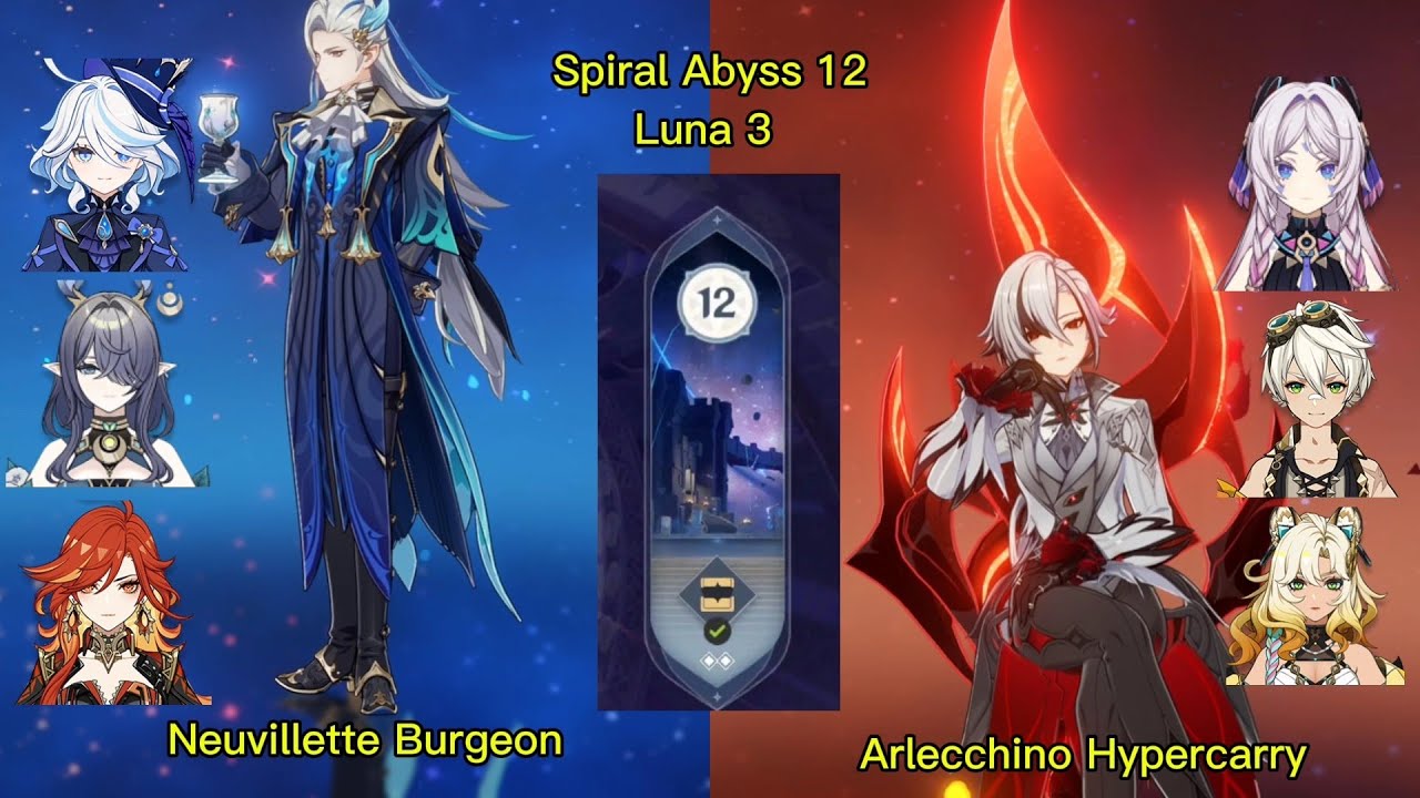 Genshin impact Abyss Luna 3 | C1 neuvillette Burgeon & C0 Arlecchino Hypercarry | Floor 12 9 stars