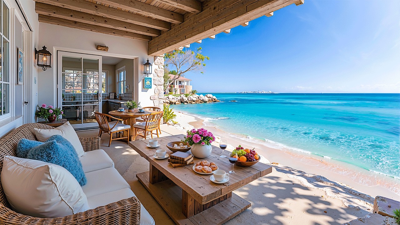Morning Bossa Nova Jazz by the Beach Ambience 🌊 Elegant Jazz & Crashing Waves Sound for Good Moods