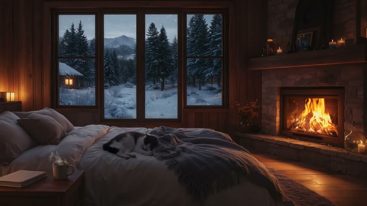 Cozy Winter Cabin Ambience | Warm Acoustic Guitar for Relaxation & Chill Vibes with Fireplace