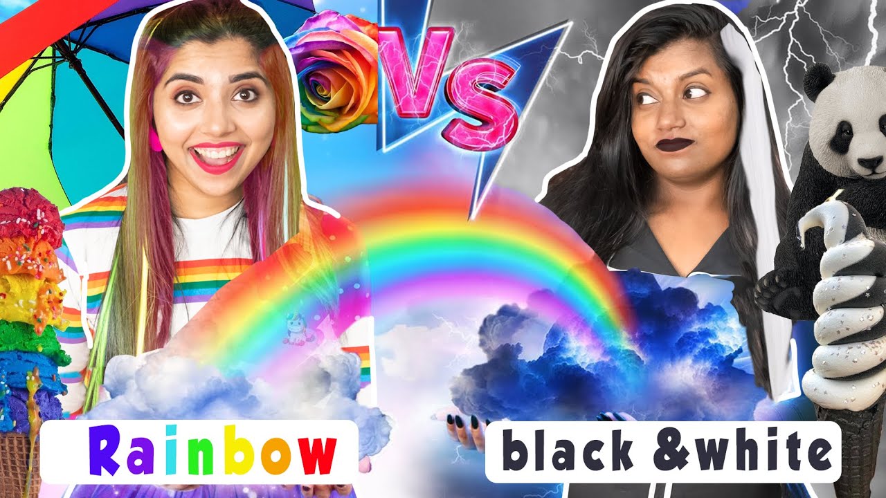 Using Only COLORFUL Vs BLACK & WHITE Things for 24 hours Challenge!! ❤️💛💙💜🧡💚 VS 🤍🖤