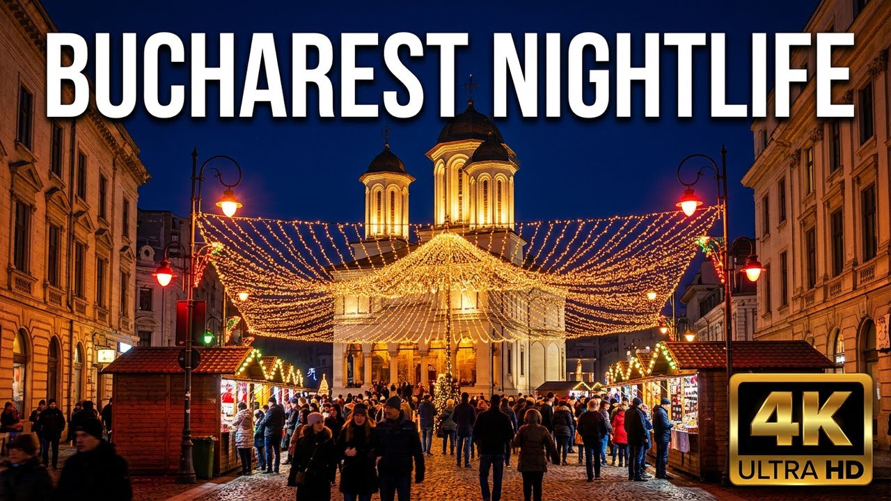 Vibrant Bucharest Old Town: City Centre Nightlife Historic Streets 4K