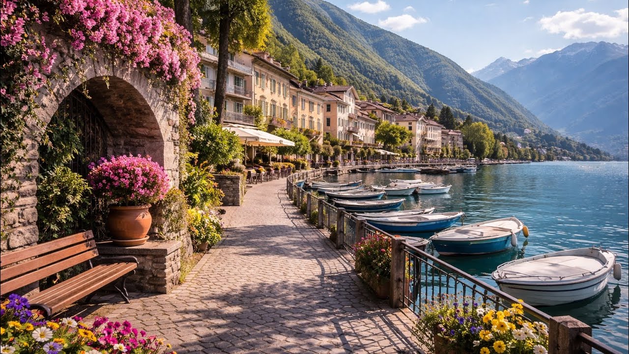 Locarno, Switzerland 🇨🇭 | Spring walk by Lake Maggiore with blooming flowers in 4K
