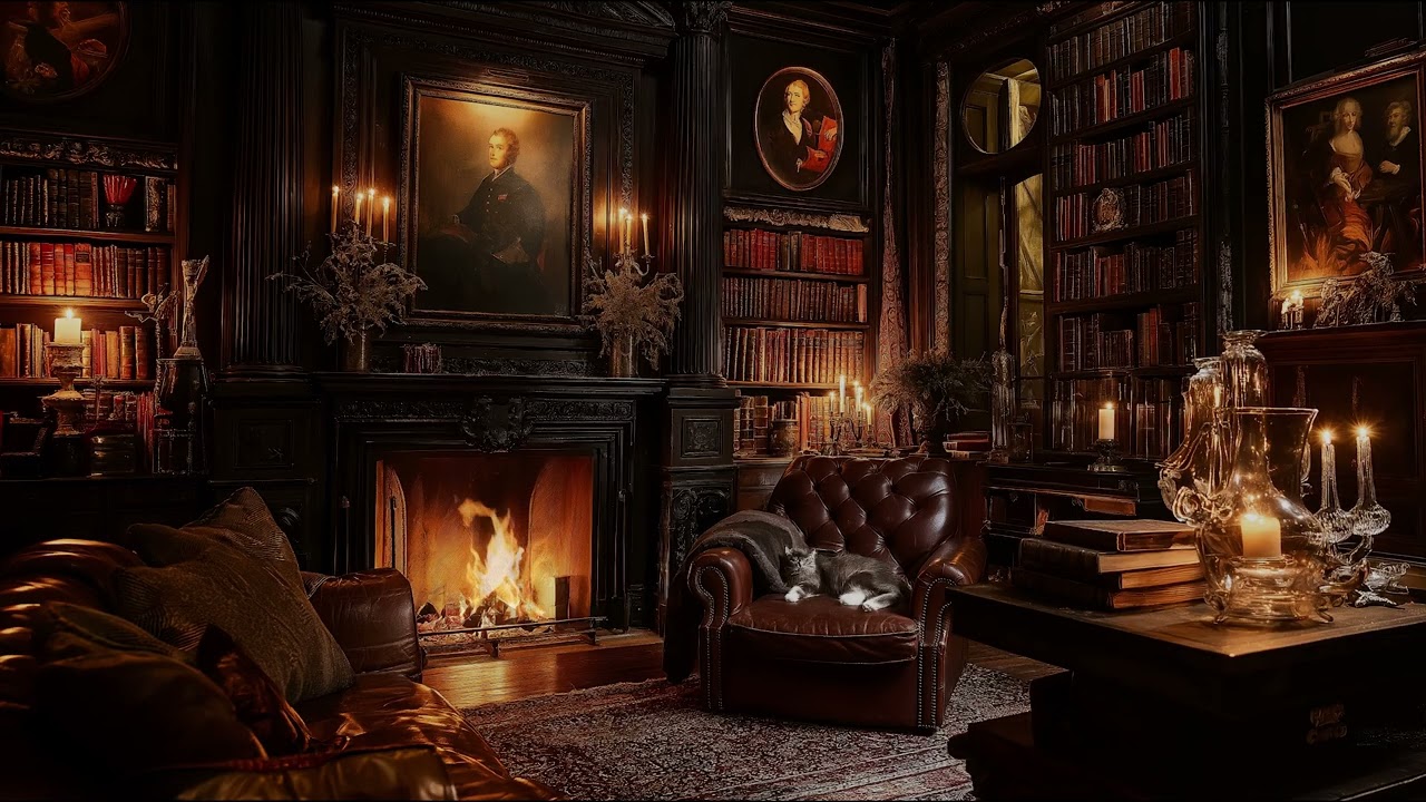 Cozy Library Fireplace Glow with Gentle Crackling Fire for Calm Study, Relaxation, and Night Rest