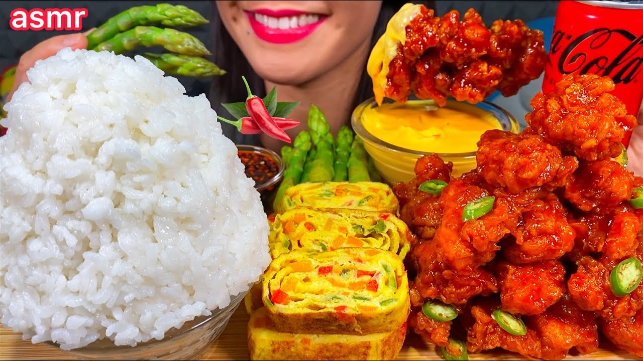 ASMR SPICY FRIED CHICKEN, KOREAN ROLLED OMELETTE, ASPARAGUS, MOUNTAIN RICE MASSIVE Eating Sounds