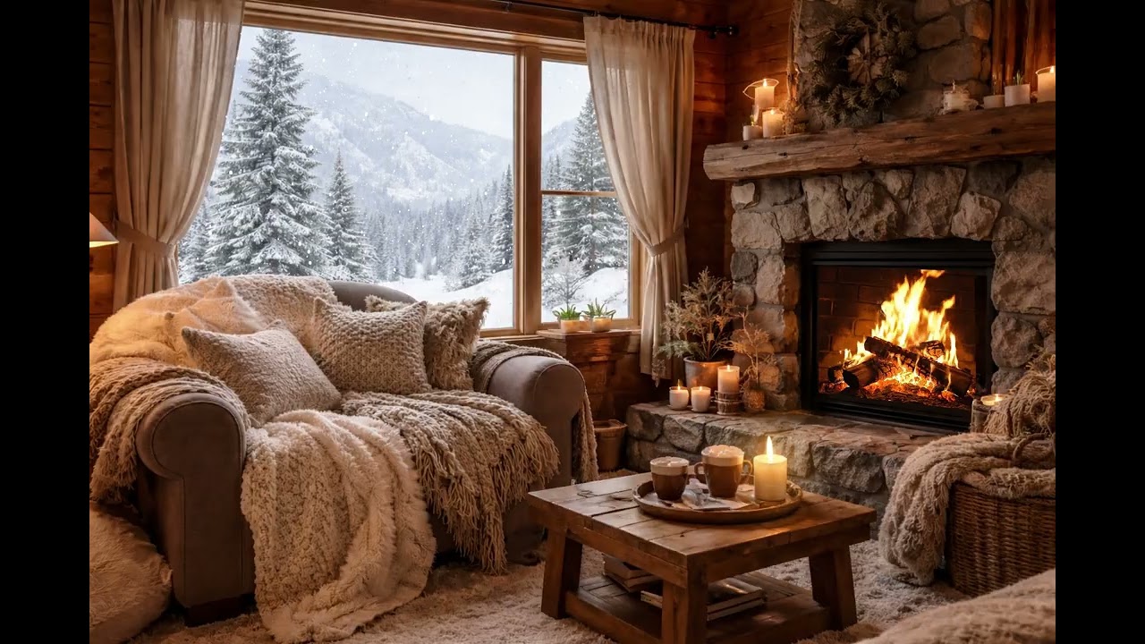 Cozy Winter Cabin Ambience ❄️ Fireplace & Snowy Mountain View | Relax, Unwind, Study and rest