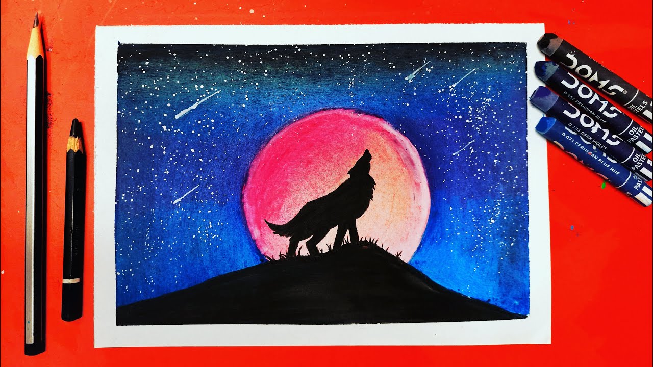 How To Draw Scenery Of Moonlight Wolf With Oil Pastel Step By Step Easy