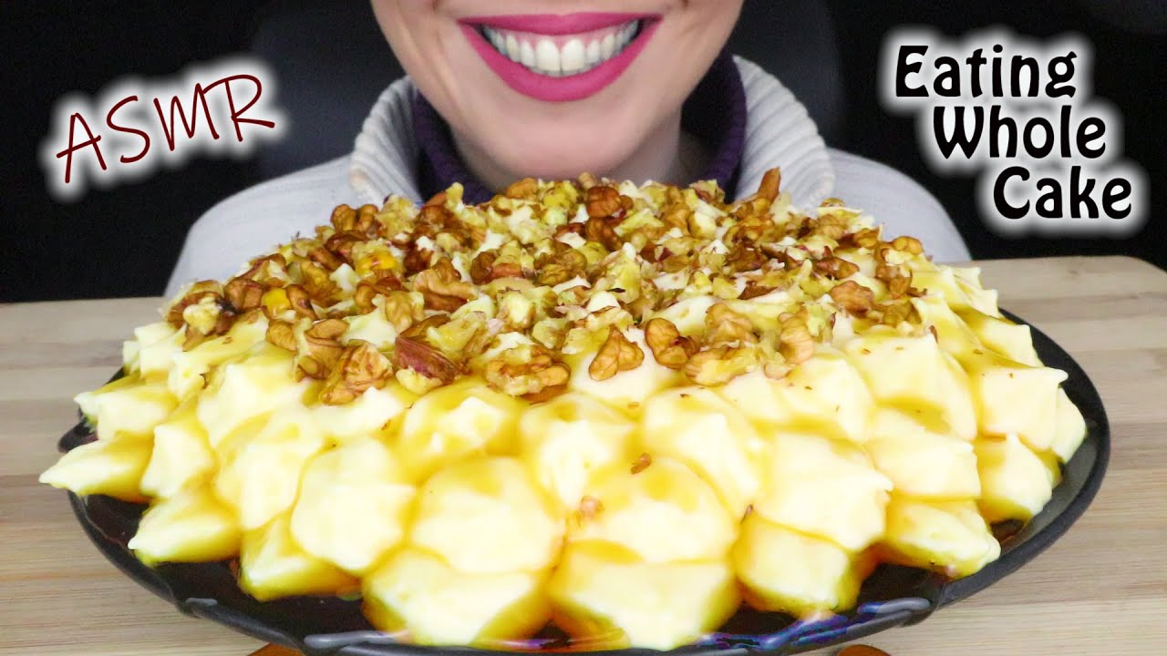 CREAMY VANILLA CAKE WITH WALNUTS & MAPLE SYRUP 🍰 | ASMR Mukbang | Real Eating Sounds