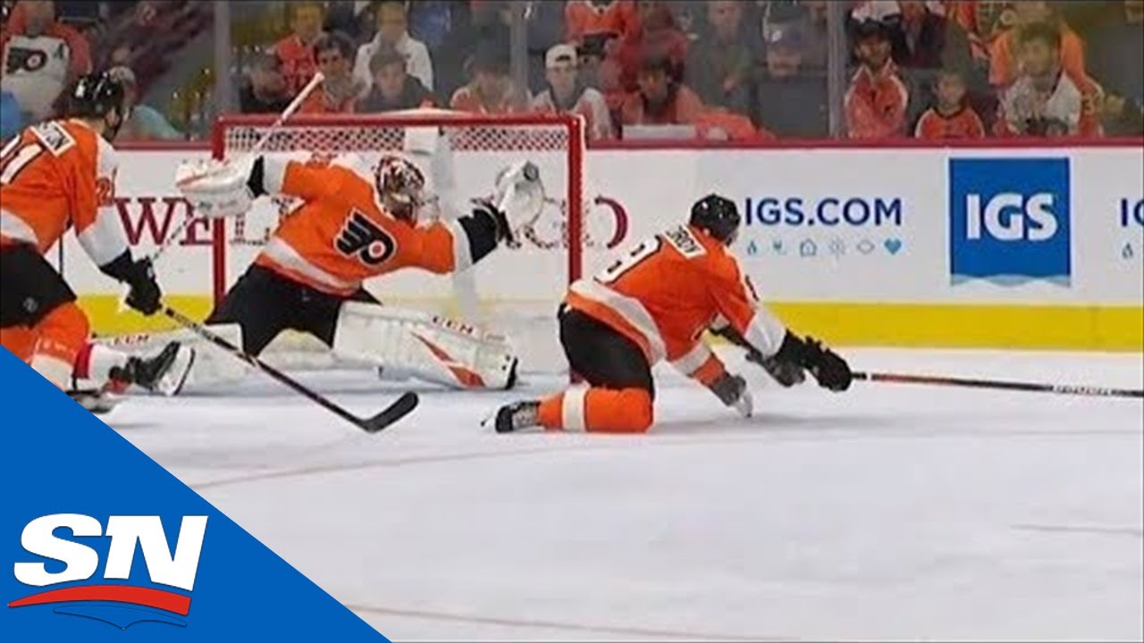 Flyers&rsquo; Carter Hart Extends Glove To Rob Taylor Hall Of Sure Goal