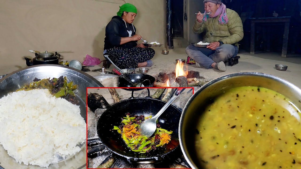 bhumi & sarmila's buff curry , rice & local lentils at dinner || The Perfect village dinner ||