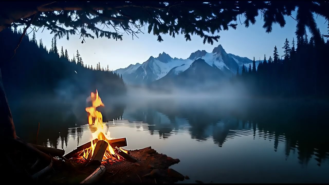 Cozy Campfire by Mountain Lake at Dusk | Relaxing Nature Sounds for Sleep, Study & Stress Relief