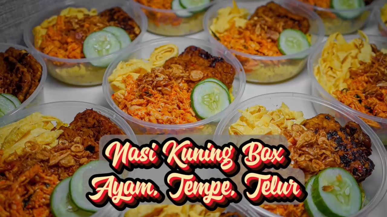 Nasi Kuning Box isi Ayam Suwir Tempe Bakar dan Telur Gulung