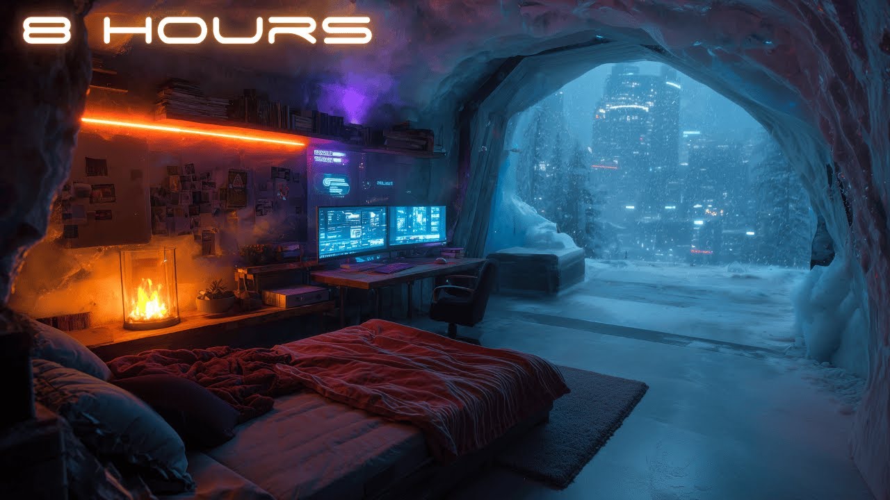 ESCAPE: Cozy Blade Runner Ambience & Snow | Ice Outpost Bedroom in a Cyberpunk City | Focus & Sleep