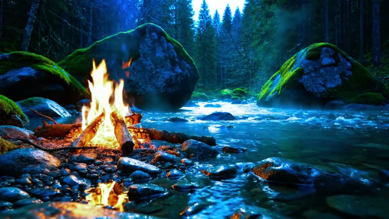 Cozy Campfire by the River 🌲🔥 Relaxing Nature Sounds for Deep Sleep, Stress Relief & Meditation