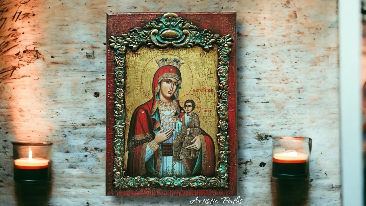 DIY εικόνα decoupage με παλαιωση, κρακελέ, ανάγλυφα από πηλό, φύλλο χρυσού Κ διαφορες τεχνικες