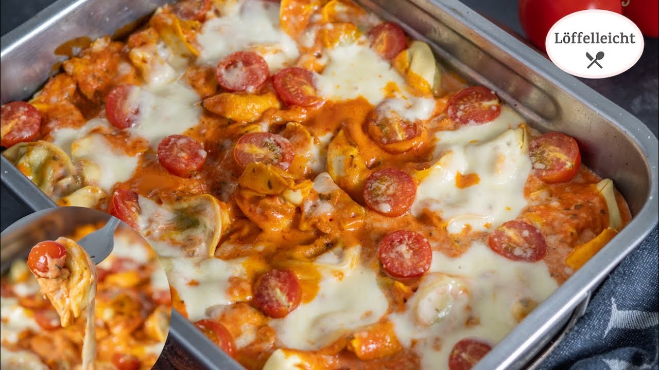 Tortellini Auflauf - Tomate Sahne Soße mit Mozzarella - einfach & schnell - vegetarisches Rezept