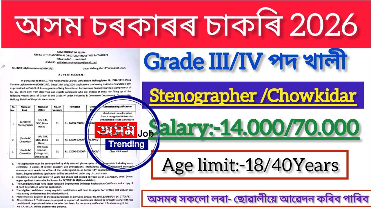 Assam Govt Job Update 2026 | Grade III/IV পদ খালী | Dima Hasao Direct Recruitment | 10th/12 Pass Job
