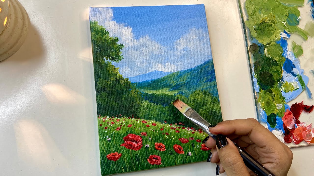 Mountain painting tutorial/ Acrylic painting for beginners/ poppy flower painting