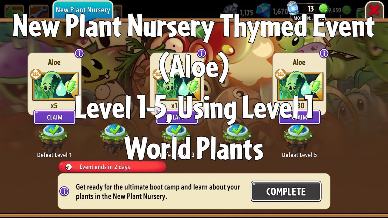 PvZ2 NPN Thymed Event (Aloe), Level 1-5, Using Level 1 World Plants - Gameplay
