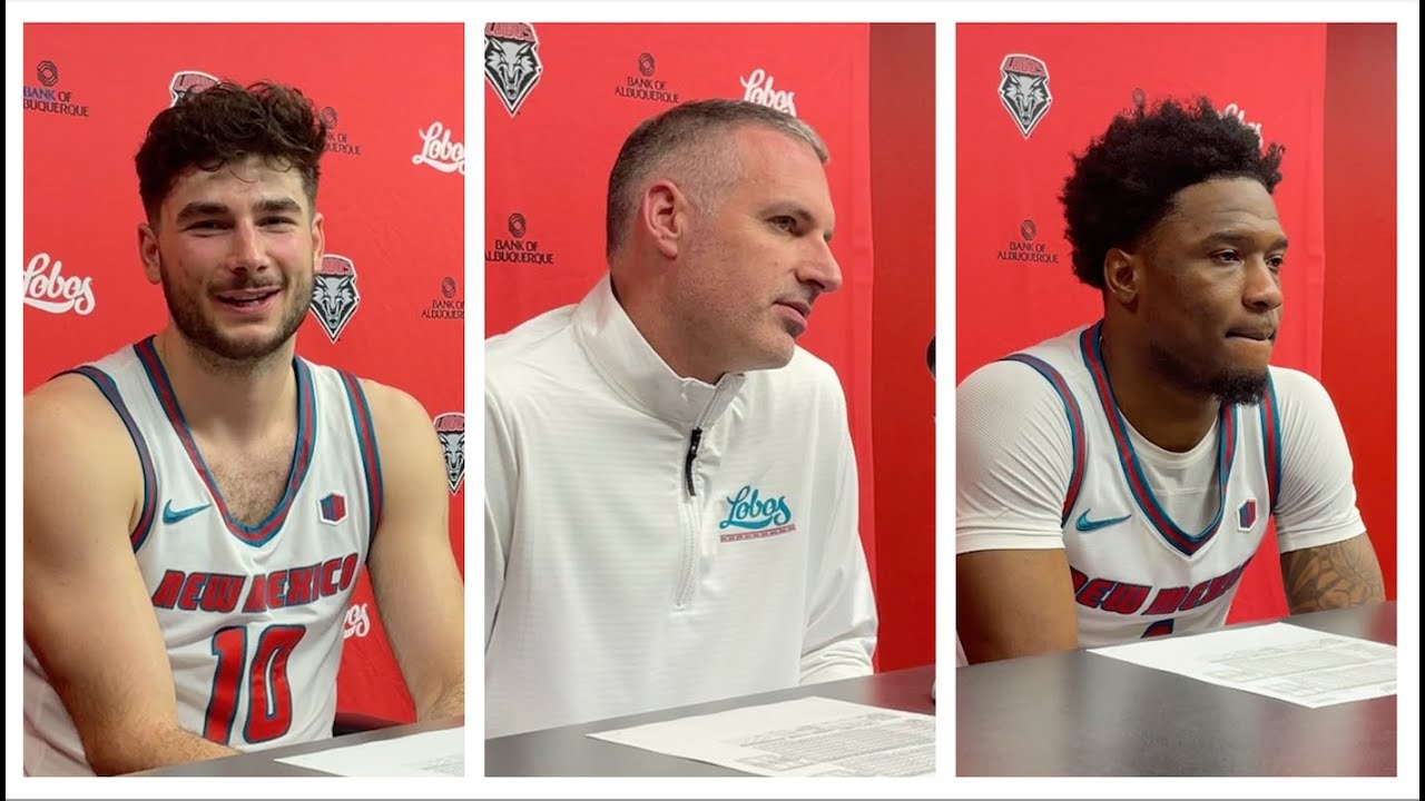 UNM coach Eric Olen and Lobos Deyton Albury and Tomislav Buljan after beating Santa Clara, 98-71.
