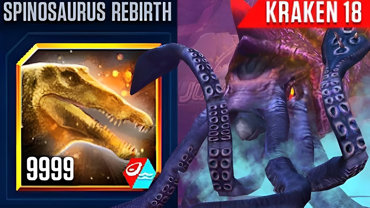 NEW UPGRADE SPINOSAURUS REBIRTH LEVEL 9999 VS KRAKEN 18 | JURASSIC WORLD THE GAME