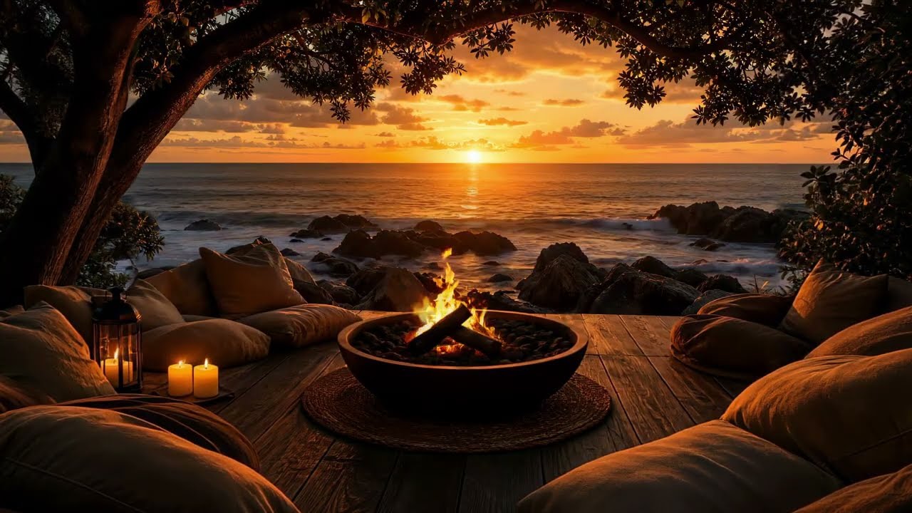 Golden Sunset by the Shore 🌊 Soothing Waves & Firelight for Inner Calm