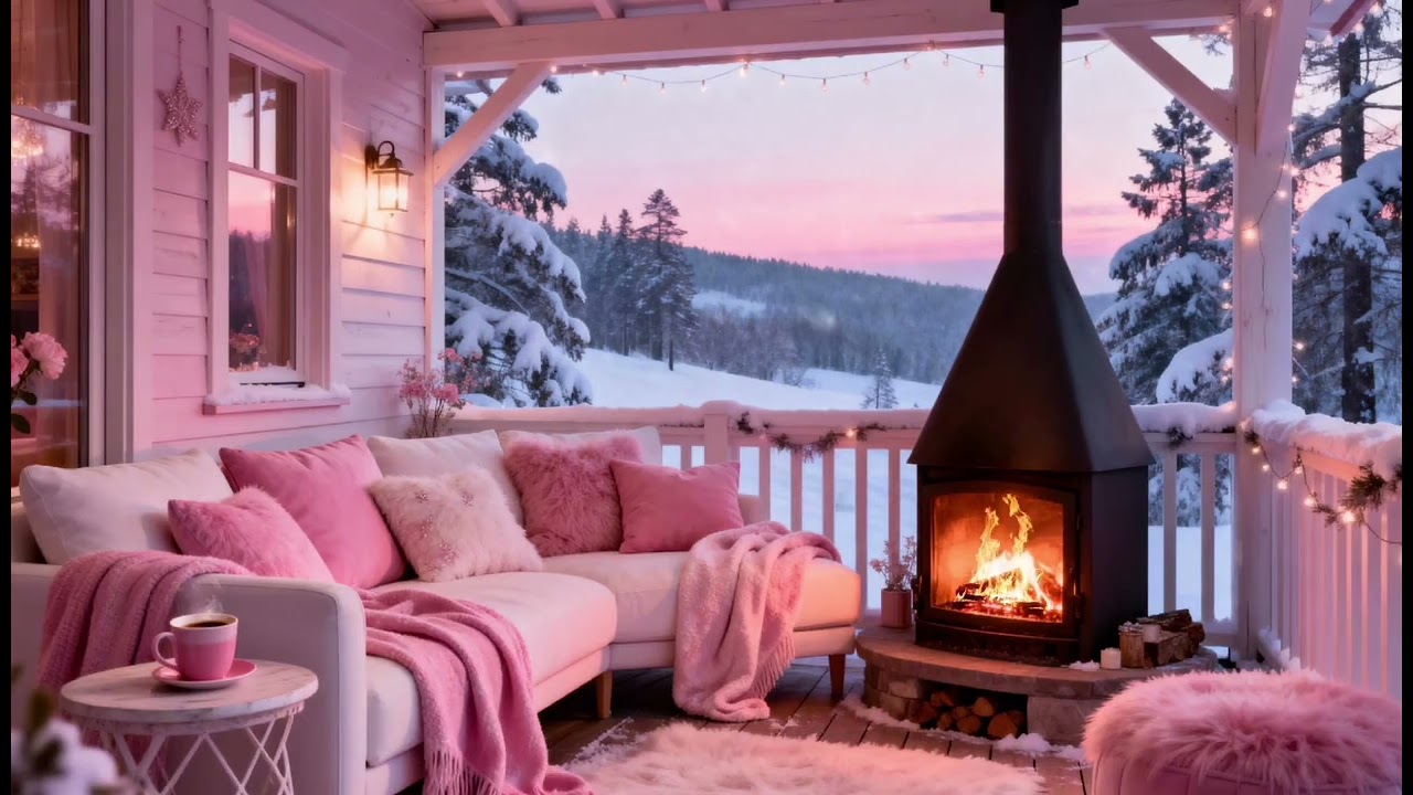 Cozy pink winter porch fireplace ambience🎀falling snow and fire sounds relaxing background