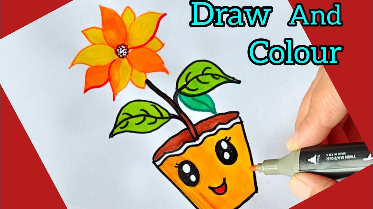 Easy Cute Flower Pot Drawing with Flower Plant 🌸| Step by Step for Beginners