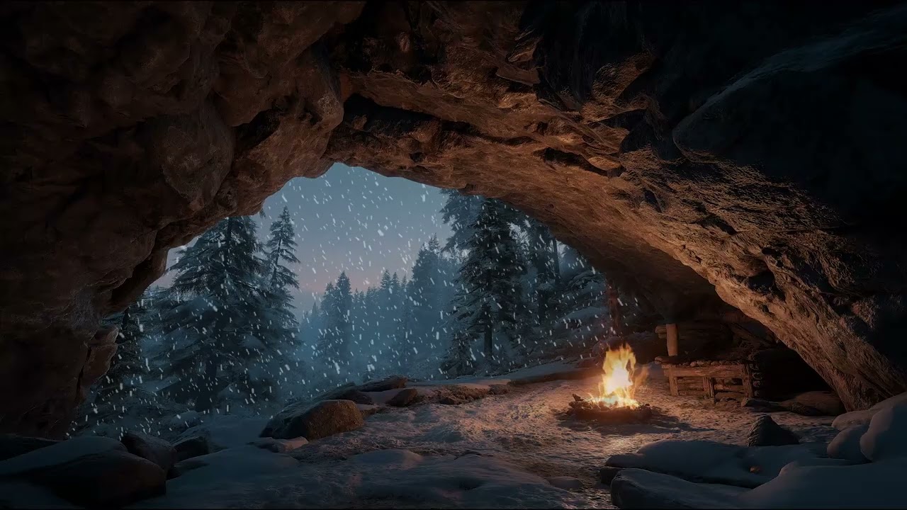 Mountain Cave Fireplace with Winter Wind Sounds and Fire Crackles for Study, Rest, and Sleep