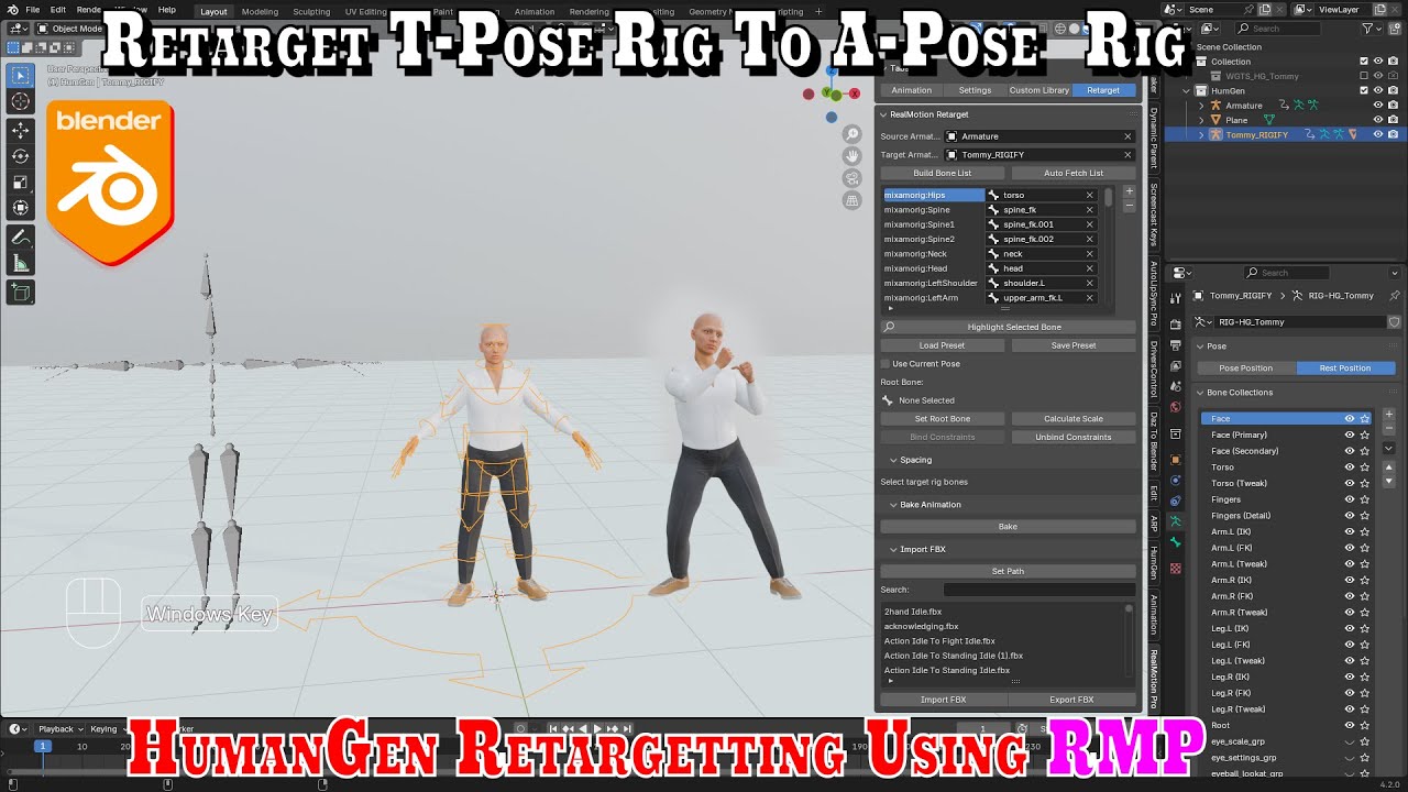 HumanGen Retarget : How To Retarget T-Pose Rig To A-Pose Rigs Using RealMotion Pro