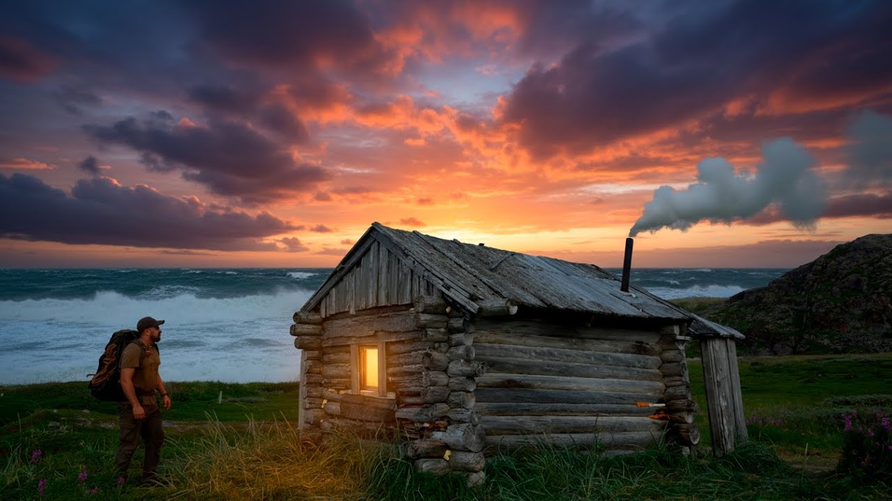 Alone on a Deserted Arctic Island | Restoring a Log Cabin for the Night (ASMR)