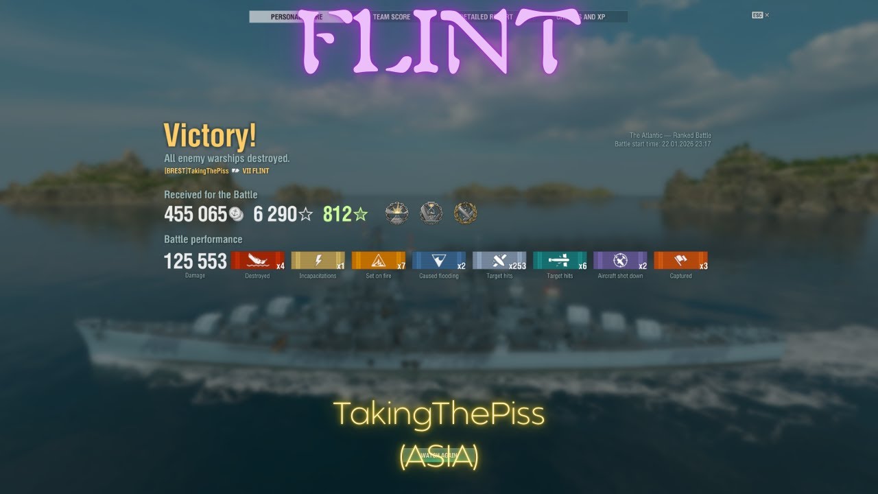 {Replay | 15.0}Tier 7 CL USS Flint by TakingThePiss(ASIA) - Yoloed a BB in Ranked and survived!