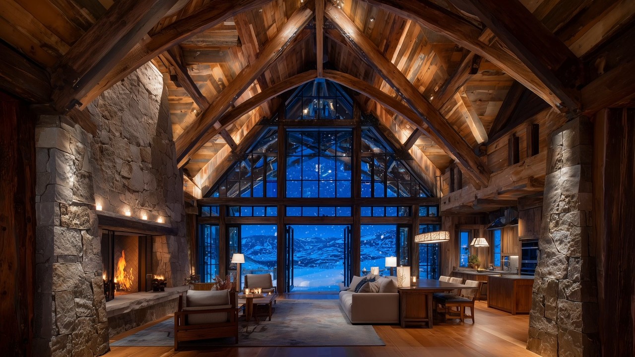 Grand Mountain Lodge at Night ❄️🔥 Crackling Fireplace & Snowfall Ambience
