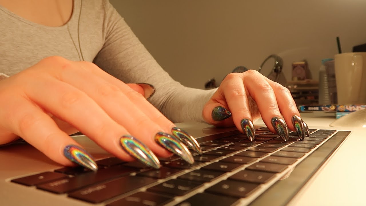 TYPING ON MACBOOK PRO KEYBOARD FOR 40 MINS NO-TALKING ASMR || LONG BLACK HOLO ACRYLIC NAILS TYPING