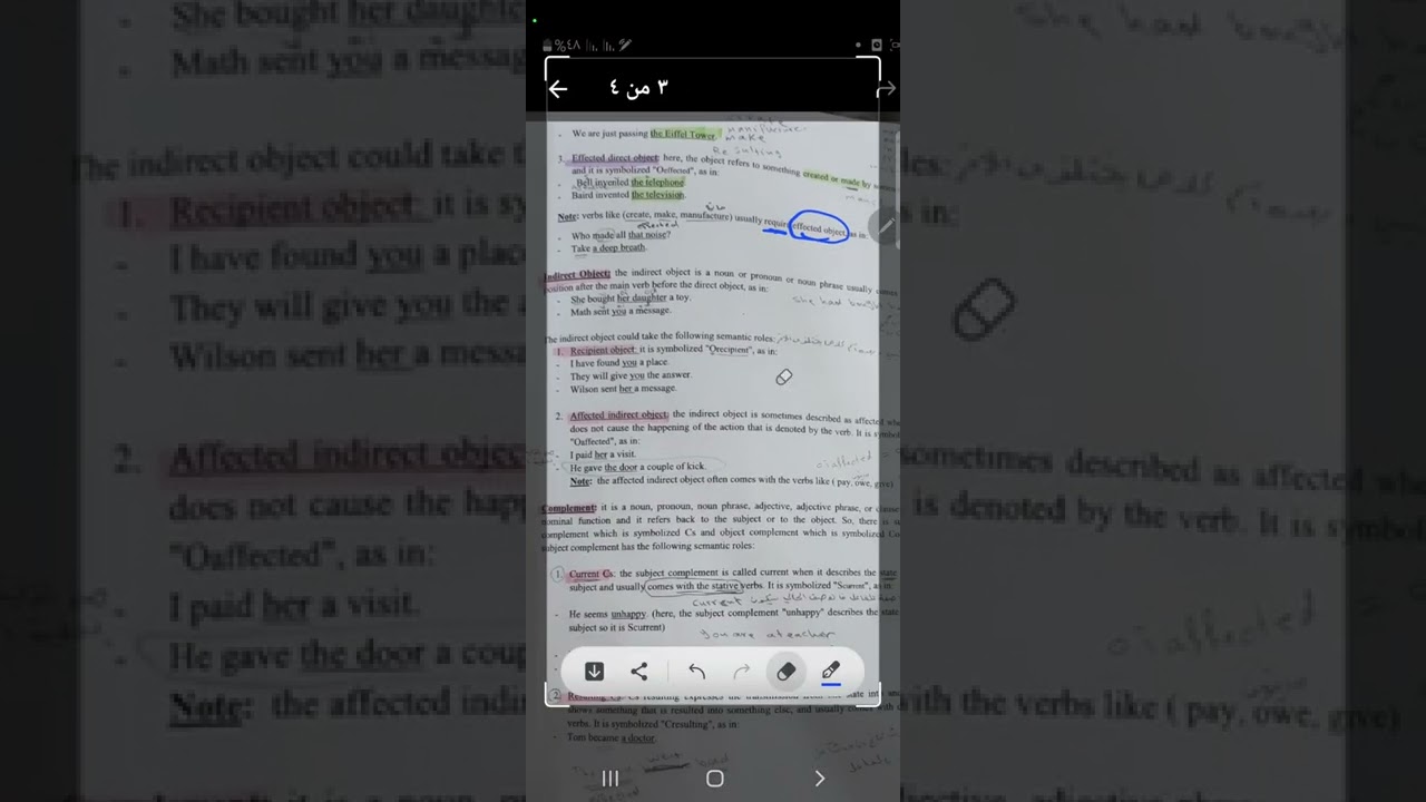 الادوار التي يؤديها كل من   direct object,indirect object , subject complement and object complement