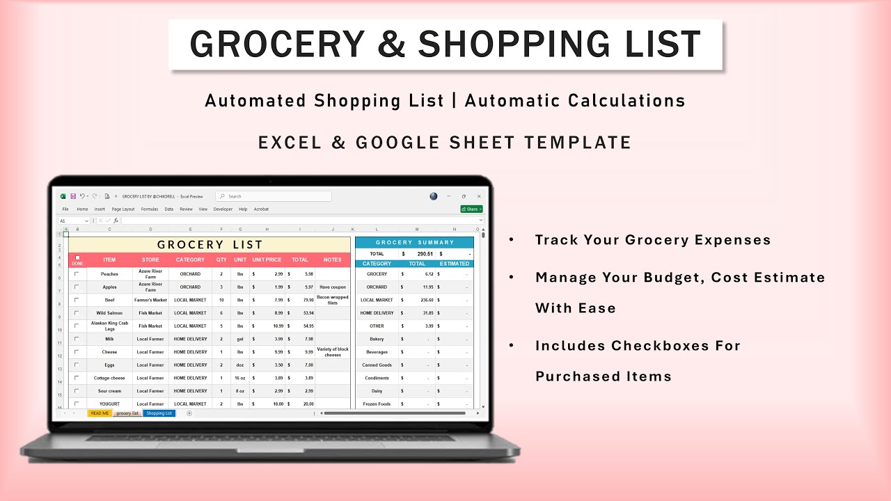 Grocery List Excel & Google sheet Template | Shopping CheckList Multiple Stores | Automated list