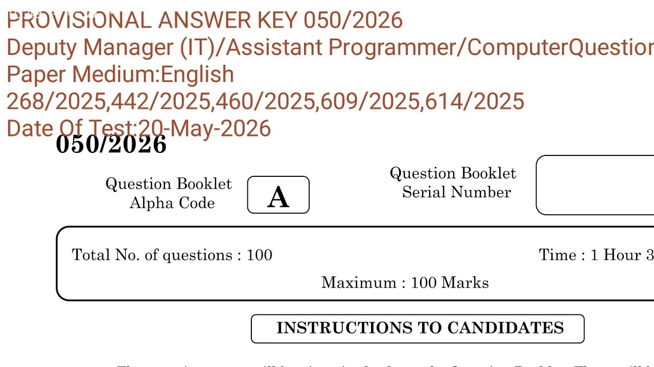 050/2026 Deputy Manager (IT)/Assistant Programmer/Computer 268/2025,442/20250PROVISIONAL ANSWER KEY