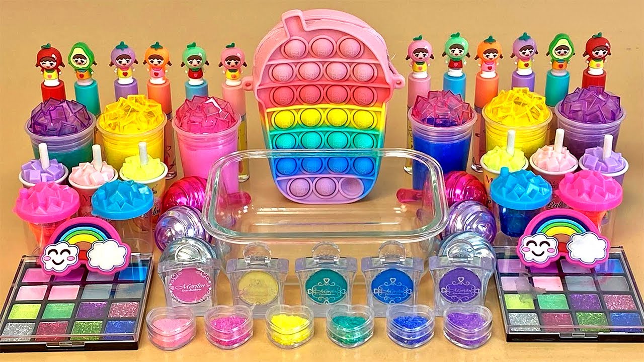 ASMR Slime Mixing ”RAINBOW” 🌈💦💤 makeup, Eyeshadow, glitter into slime. Satisfying slime video.