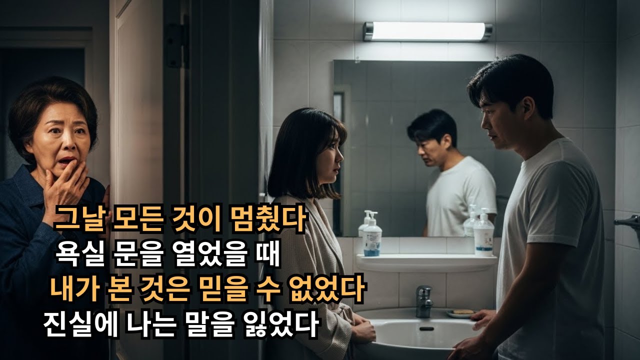 안에서 목소리가 들렸다 욕실 문을 열었다 내가 본 것에 충격받았다 진실에 나는 말을 잃었다