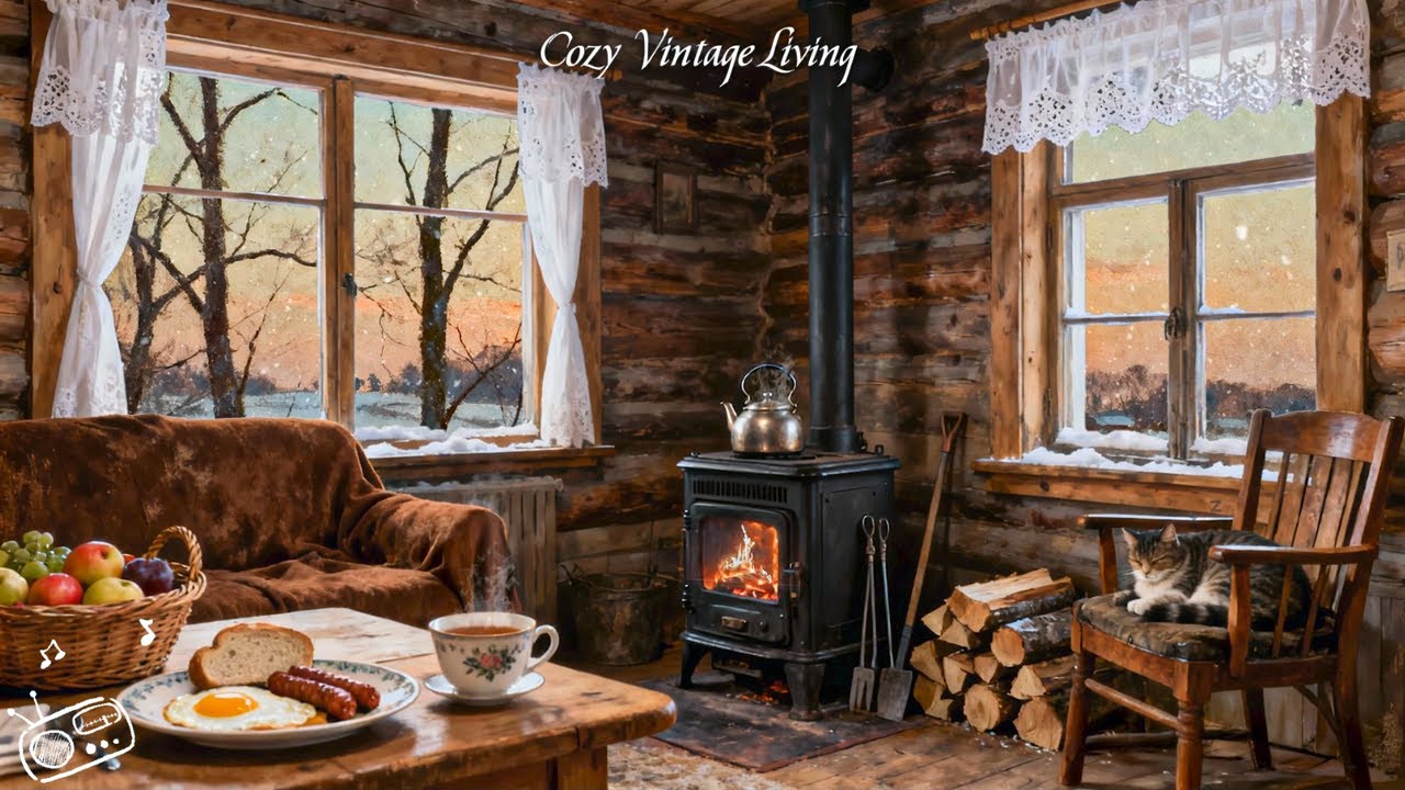 Snowy Winter Evening in a Cozy Vintage Cabin | Oldies Playing in Another Room to Unwind