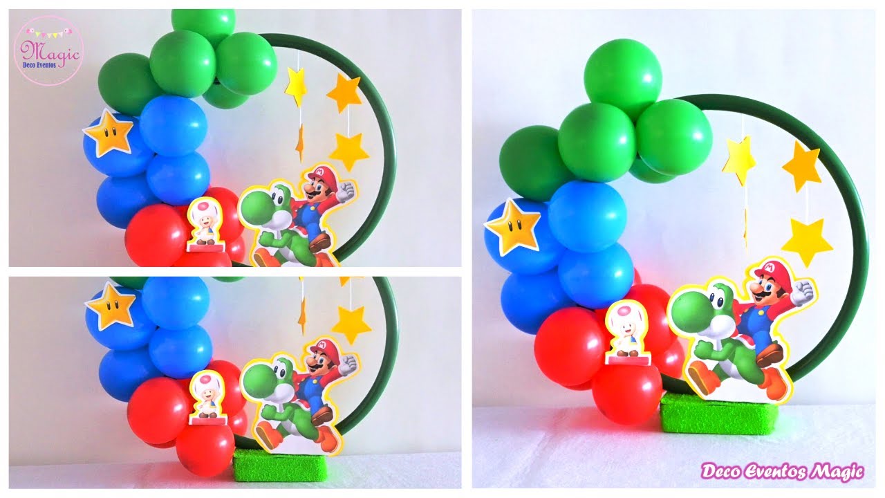 Centro de mesa con globos tematica Mario Bross