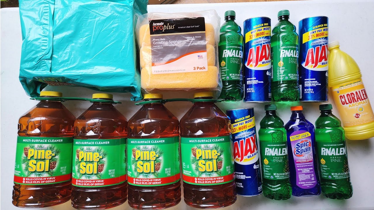 ASMR NEW SPONGES & PineSol ×4 Gallons+ Pinalen ×4 Bottles+ Ajax Powder